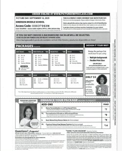 A school picture order form with package options and add-ons. Un formulario de pidido de fotografias escolares con opciones de paquetes y complementos